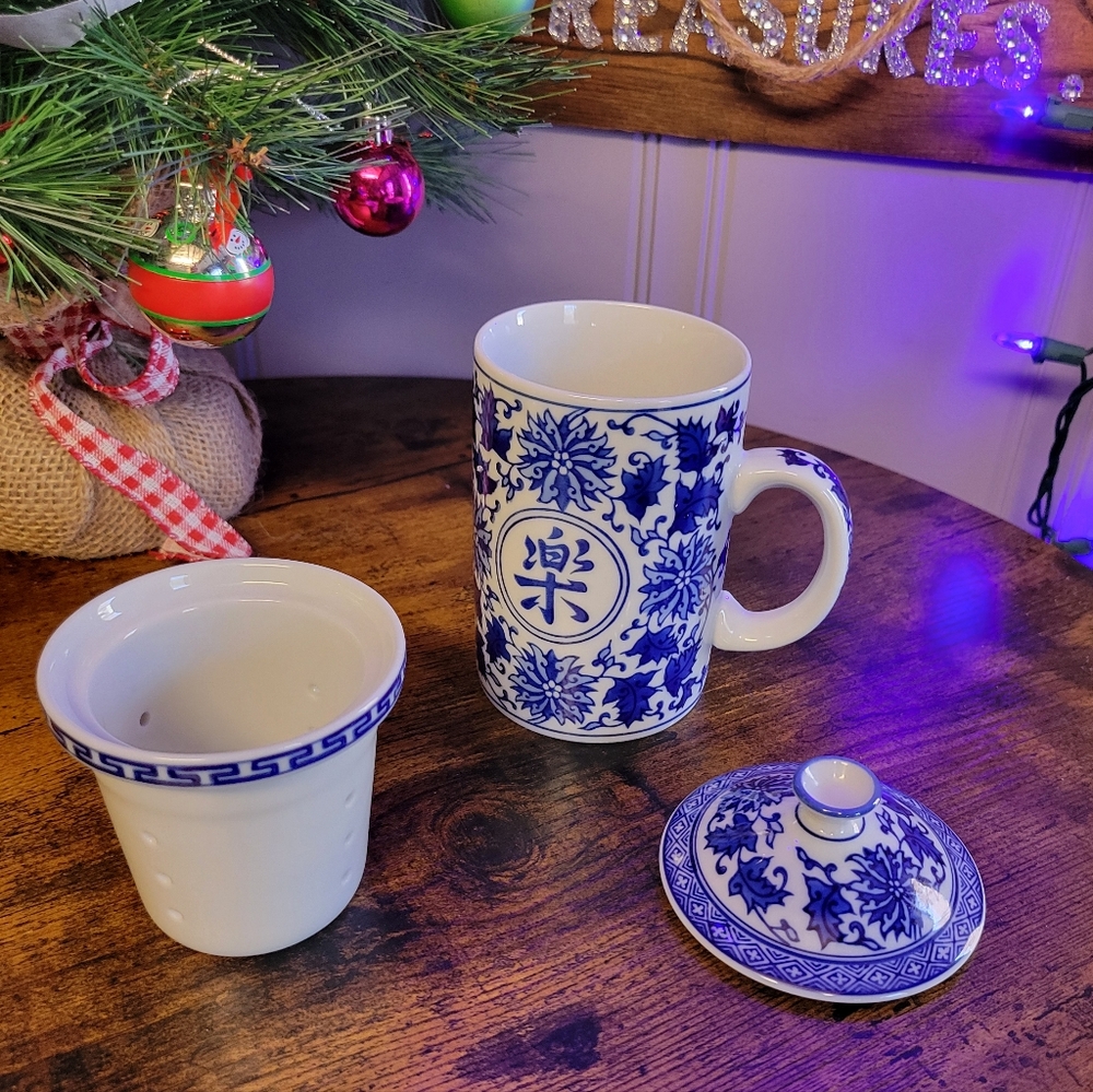 Vintage Pier 1 Happiness hand painted 3 piece tea set-whiteblue